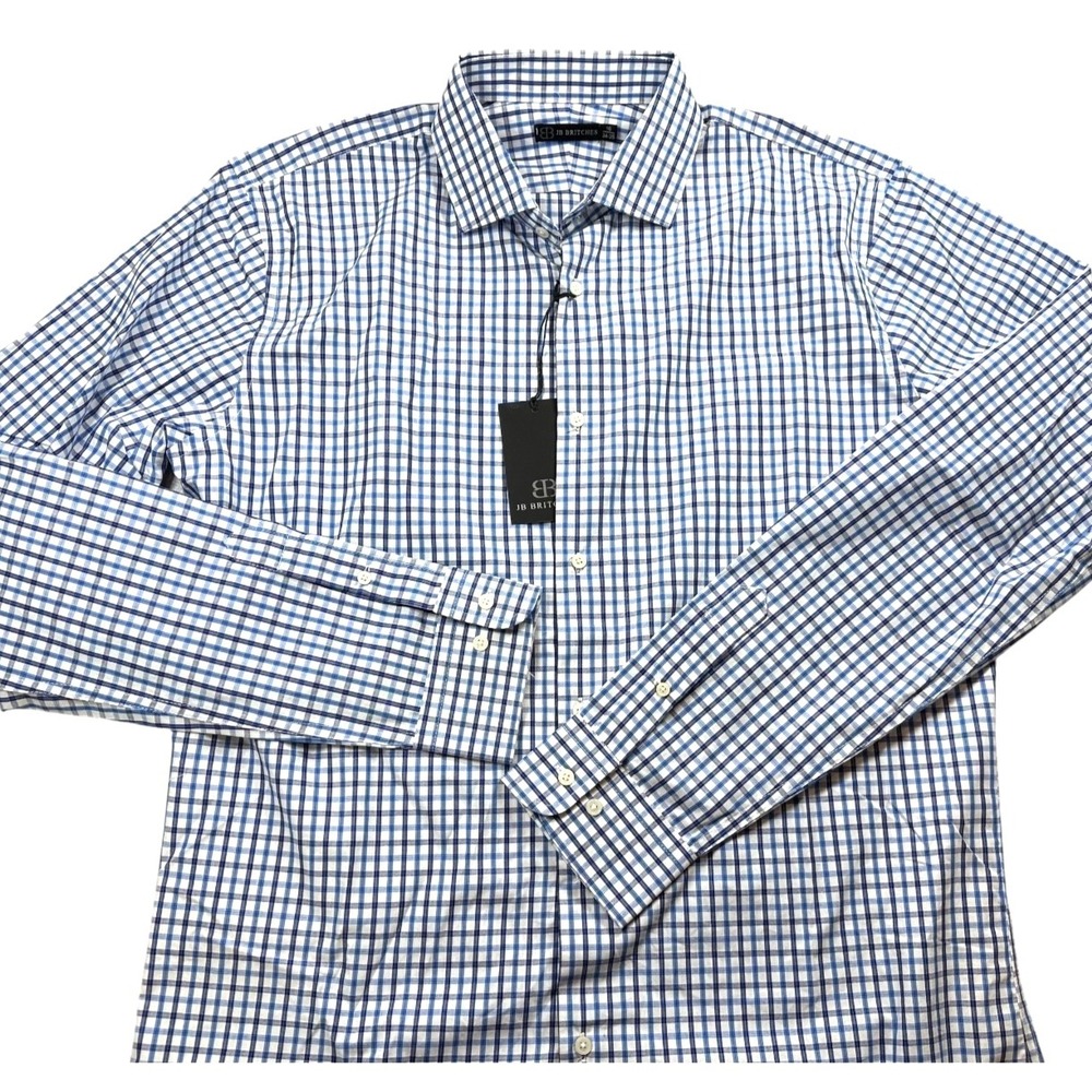 JB BRITCHES Blue & Navy Gingham Check Button Down Dress Shirt Men's 16 34-35 NEW
